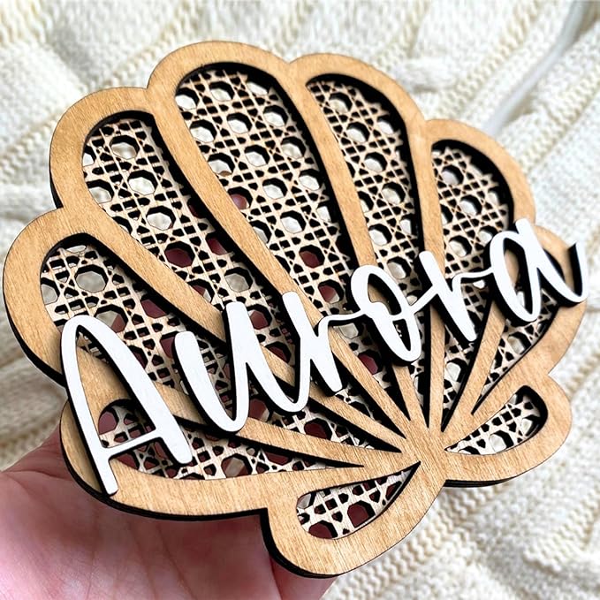 Personalized Rattan Seashell 3D Name Sign, Custom Boho Wood Personalized Name Sign, 3D Wooden Layered Handmade Letter Wall Decor for Nursery or Child's Bedroom, Rattan Baby Name Sign