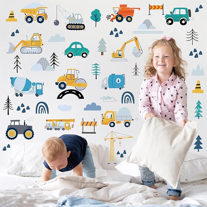 AOWDIAO Construction Vehicle Wall Decals – 90Pcs Reusable Peel and Stick Vinyl Stickers for Kids’ Room, Nursery & Playroom – Removable Truck Decoration for Boys & Toddlers