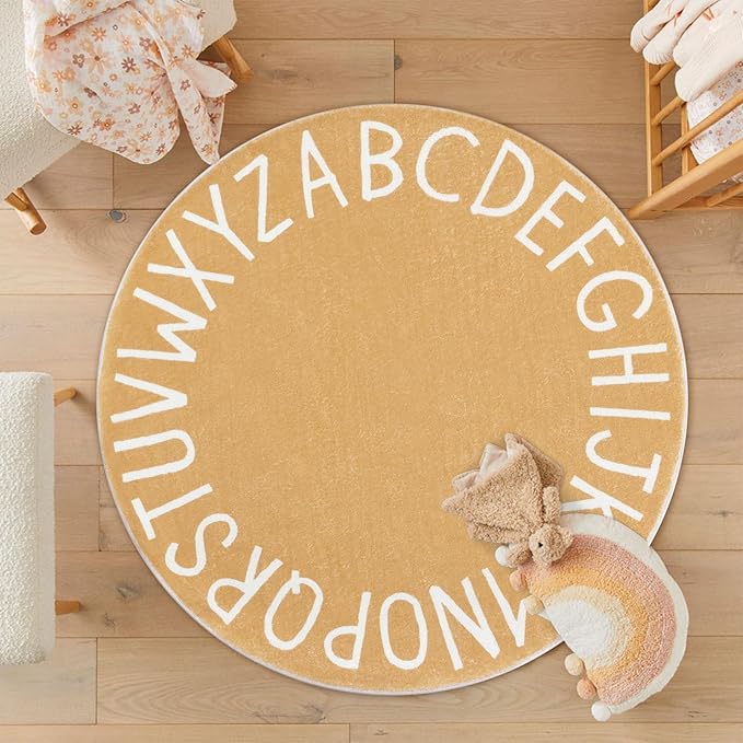Topotdor Round Kids Play Rug Alphabet Nursery Area Rug Extra Large Soft Crawling Play Mat for Children Toddlers Bedroom (63 inch, Brown)