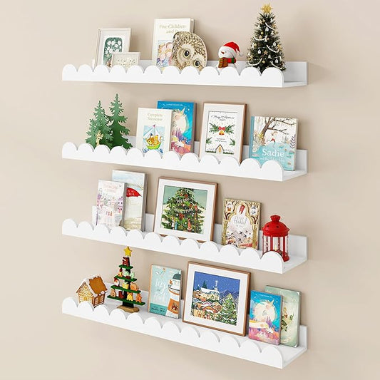 Fun Memories 24 Inch White Nursery Book Shelf, Scalloped Picture Ledge for Wall, Set of 4, Floating Shelves for Toddler Room, Kids Rooms, Bedroom