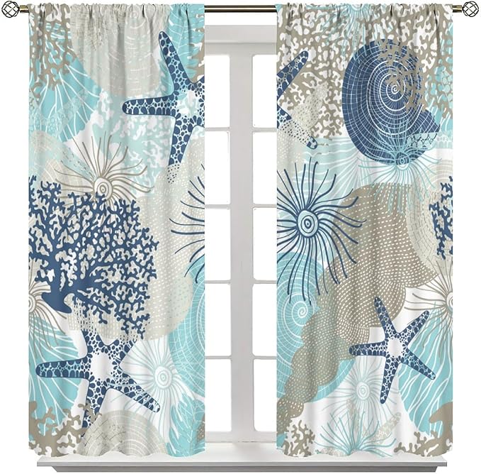 Shell Blackout Curtains Beach Shells Marine Life Water Grass Pattern Printed Curtains Suitable for Living Room Bedroom Privacy Curtains 42x54 Inches