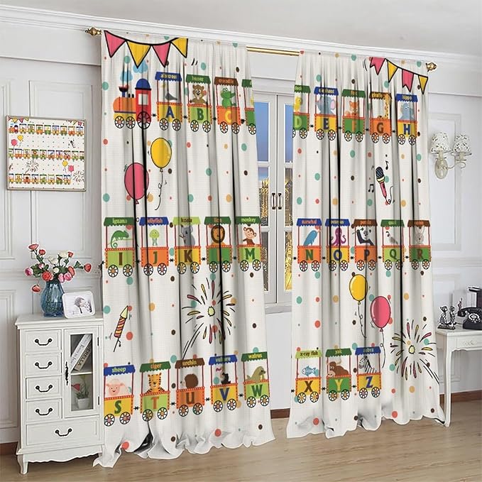 Alphabet Train Kids Curtain Animals Alphabet Children Teens Early Learning Printed Rod Pocket Blackout Window Treatments for Classroom Bedroom Nursery Playroom 55" W X 63" L