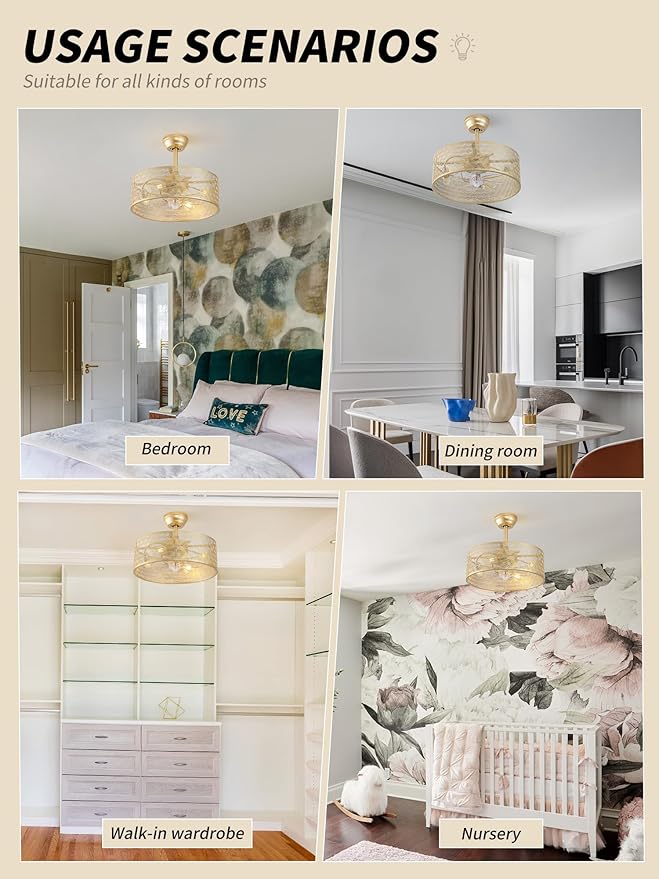 20" Boho Ceiling Fans with Lights, Gold Fandelier Ceiling Fan with Light Remote Control with Caged 6 Speeds for Bedroom, Nursery, Living Room