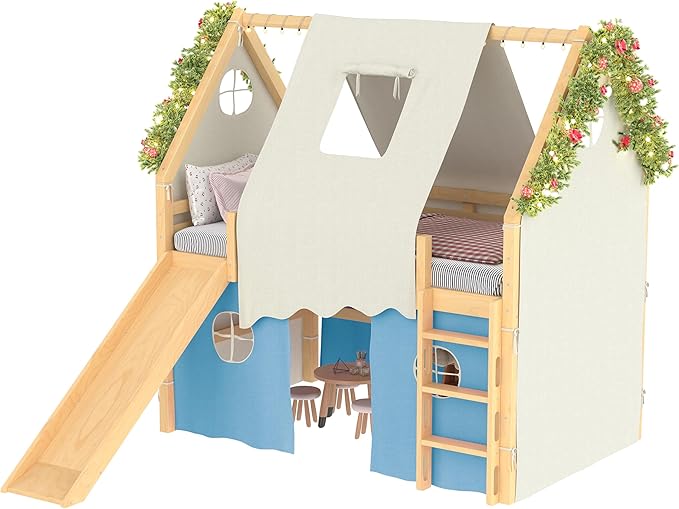 Playhouse Design Full Size Loft Bed with Slide & Tent, Solid Wood Tent Bed Frame for Kids Boys Girls, Versatile Spacious Under Bed Space, Chic Design with Lights (Natural+Blue-Full)
