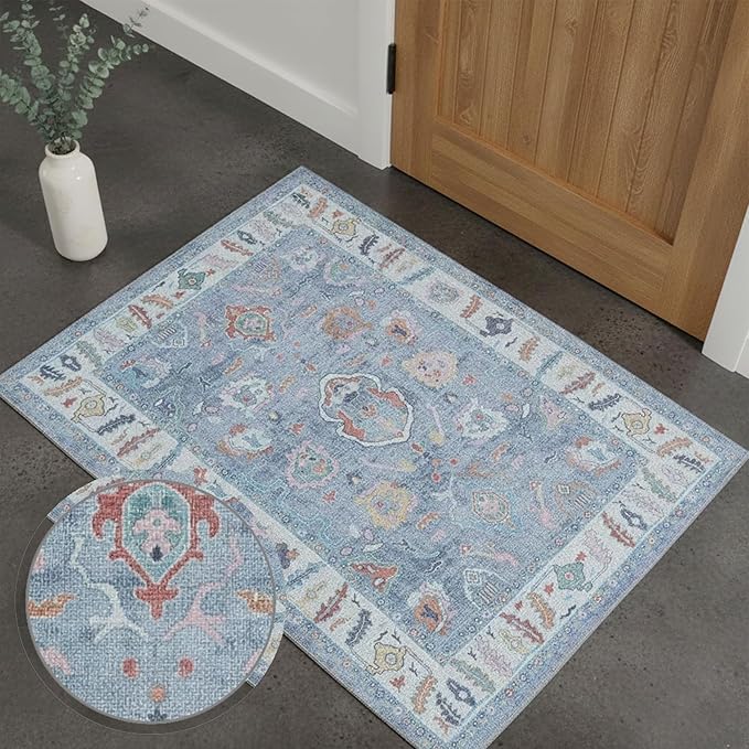 Fame Rugs Blue Modern Oushak Rug 2x3, Vintage Doormat Turkish Colorful Oriental Antique Inspired Washable Small Area Rug, Luxury Living Room Bedroom (381LB, 2' x 3')