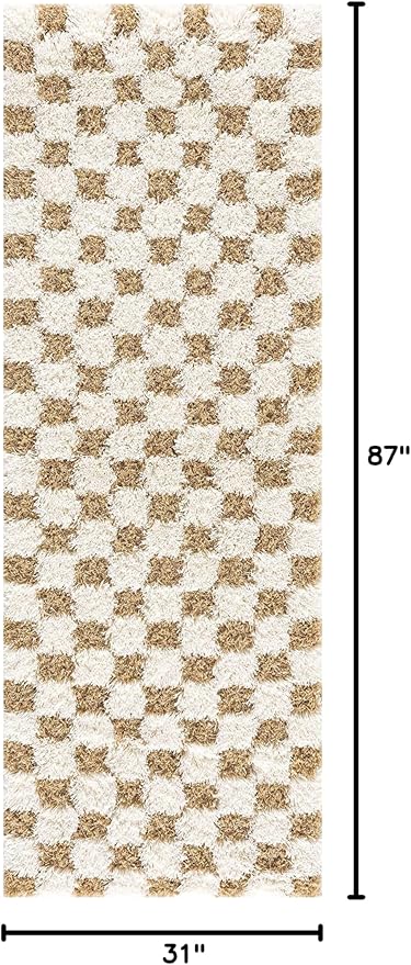 BoutiqueRugs Atira Modern Checkered Shag Rug - High Pile Fluffy Shaggy Carpet for Hallway, Nursery, Playroom, Girls Boys Room - Yellow, Cream, White, Mustard - 2'7" x 7'3" (2x8)