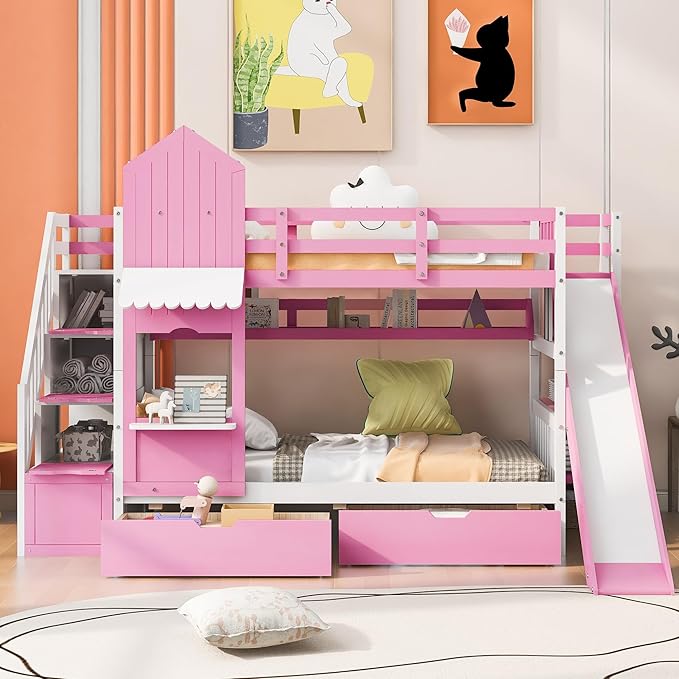 Twin-Over-Twin Castle Style Bunk Bed with 2 Drawers and 3 Shelves, Wood Bunk Bed Frame with Slide and Storage Staircase for Kids Teens Boys Girls, Maximize Space Savings