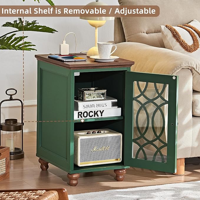 Narrow Side Table with Charging Station, Night Stand with Glass Door, Bedside End Tables with Adjustable Shelf Storage Cabinet,Wood Nightstand for Small Spaces Living Room Bedroom