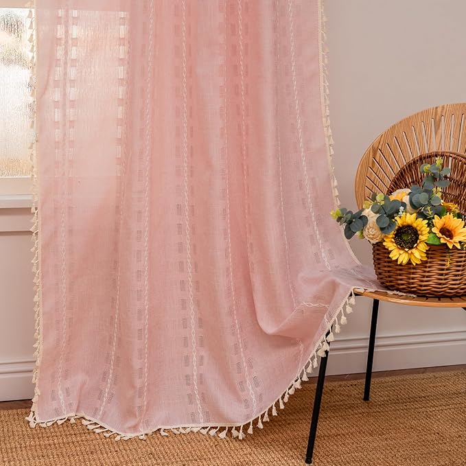 Deeprove Blush Pink Boho Curtain 72 inches Long for Living Room Bedroom Kitchen, Retro Bohemian Sheer Linen 72 inches Length 6 FT Striped Embroidery Privacy Window Tassel Decor W52 x L72, 1 Panel