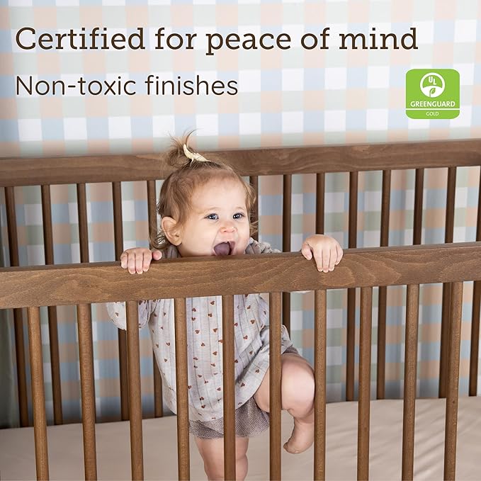 dadada Baby Soho 3 in 1 Convertible Wooden Crib to Toddler Bed - Made in Italy, GREENGUARD Gold Certified, Baby-Safe Finish, Sustainable Beech Wood, Modern Design, 3 Adjustable Heights (Walnut)