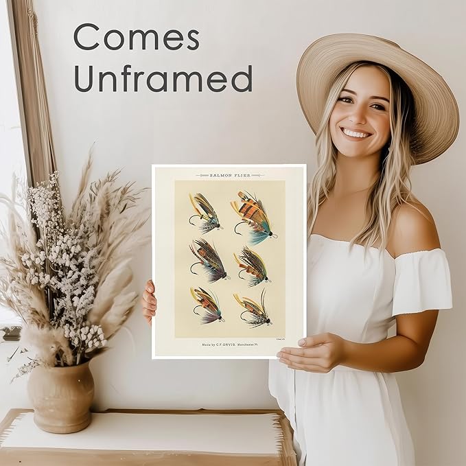 DREAM BIG PRINTABLES Vintage Fly Fishing Decor (Set of 4) - Unframed - 11x14 | Great Gift for Fisherman - Reproductions of Vintage Fishing Lure Art Prints - Rustic Decor