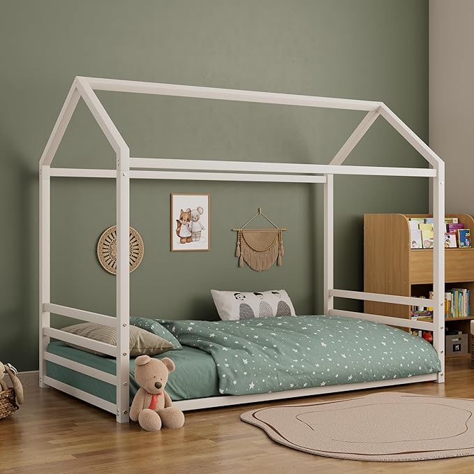 Harper & Bright Designs Twin Size Floor Bed Frame for Kids, House Bed with Roof and Guardrail, Metal Montessroi Floor Bed for Boys Girls, Easy Assemble, No Slats,White