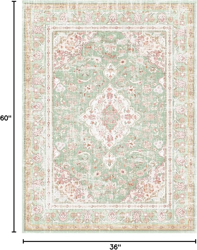 Vhong Washable Area Rugs Boho Vintage Modern Neutral Small Carpet Green and Pink High Traffic Rugs 3×5 for Dinning Room Living Room Bedroom Farmhouse Non Slip