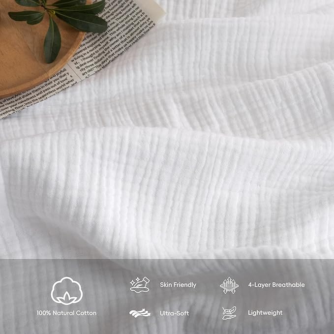 FOSSA Muslin Blanket with Fringe - 4-Layer 100% Cotton Gauze Super Soft & Breathable Throw -Lightweight Decorative Cooling Blanket for Bed, Sofa, Office -Oversize Queen Size 98" x 98" (Bright White)