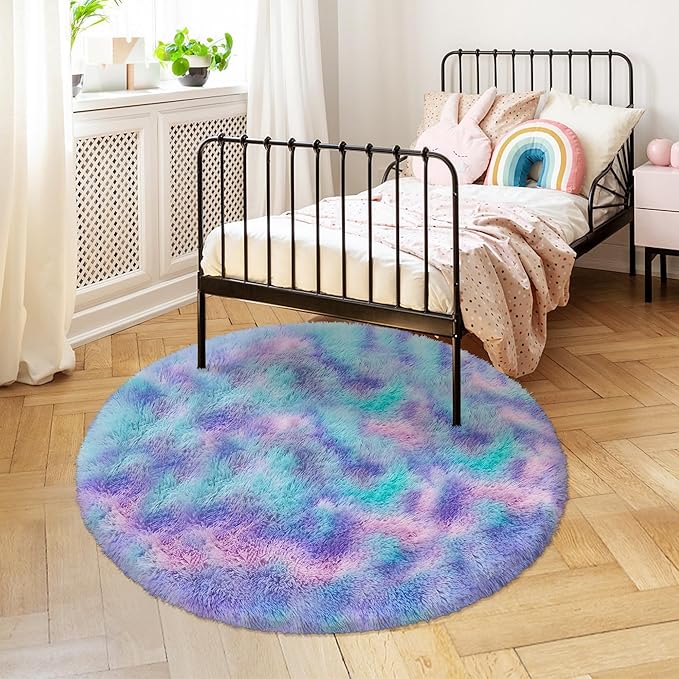 4x4 ft Purple Rainbow Fluffy Round Rug for Girls Bedroom,Colorful Soft Shaggy Circular Area Rug Kids Fuzzy Carpet Furry for Living Room Nursery Dorm Playroom Room Unicorn Decor Reading Nook Mat