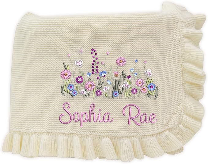 Wildflower Nursery Quilt Blanket with Ruffle Edge – Custom Embroidered Floral Name Blanket, Personalized Newborn Gift for Girls, Soft Keepsake for Baby Shower