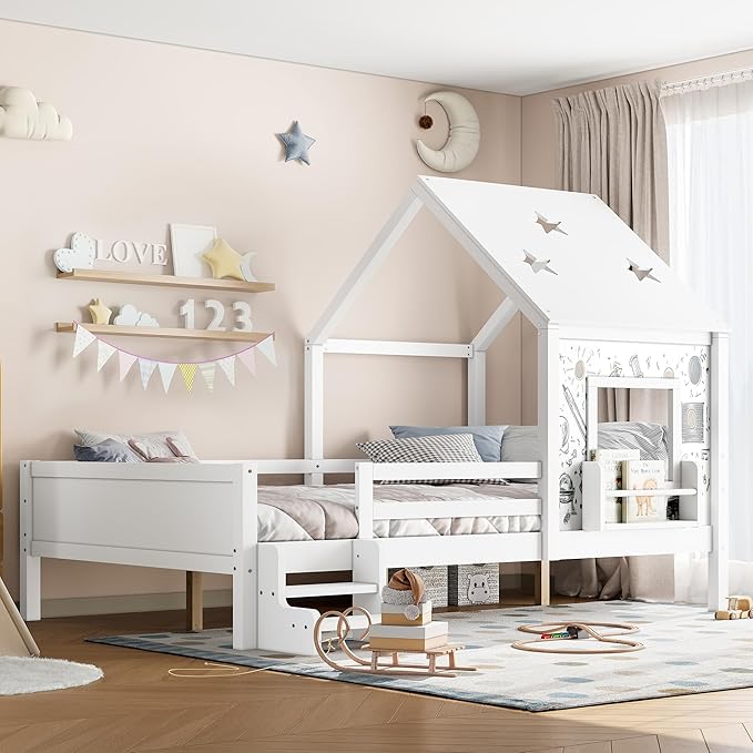 Bellemave Full House Bed with Rails or guardrails and Bookcase, Wooden Full House Shape Platform Bed for Boys, Girls, Teens, White