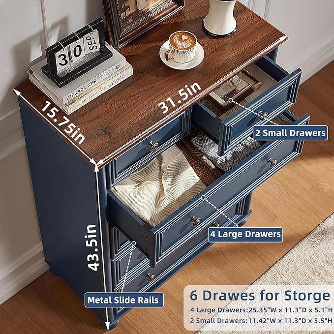 Farmhouse 6 Drawer Dresser, Blue Chest of Drawers, 43.5" Tall Dressers for Bedroom with Roman Column and Metal Handles, Rustic Wood Storage Organizer for Living Room, Hallway, Closet