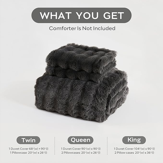 JELLYMONI Plush Duvet Cover Set - Queen Size Dark Gray Faux Fur Comforter Cover 3pcs Bedding Set Luxury Ultra Soft Striped Fluffy Duvet Cover with Zipper and 2 Pillowcases (NO Comforter)