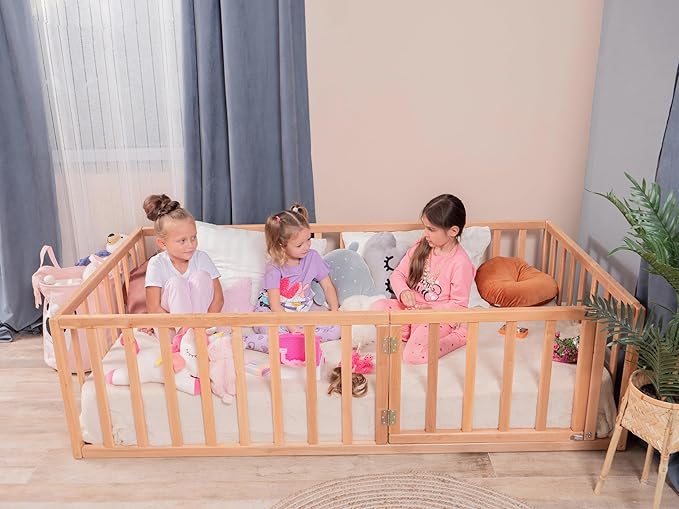 Toddler Bed Frame with 21.7" High Railings, Made in Europe from Alder Wood, 7 Colors Customizable Montessori Floor Bed, Kids Twin Bed Frame Painted With Water Based Paint, 5 sizes Kids Beds (Model 19)