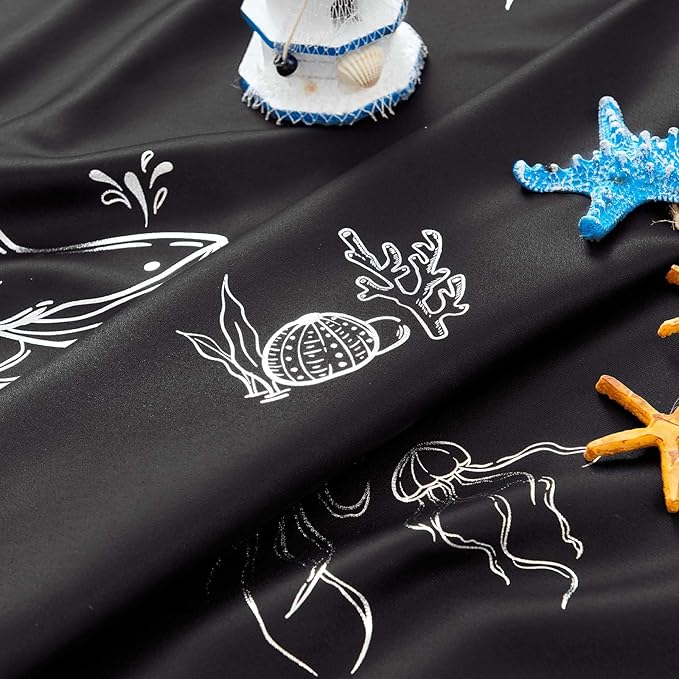Vangao Kids Curtains for Boys Bedroom Kids Blackout Curtains 84 Inch Length Ocean Aquarium Nursery Drapes for Girls Bedroom Silver Sea Animals Print Thermal Insulated Drapes, Black 2 Panels