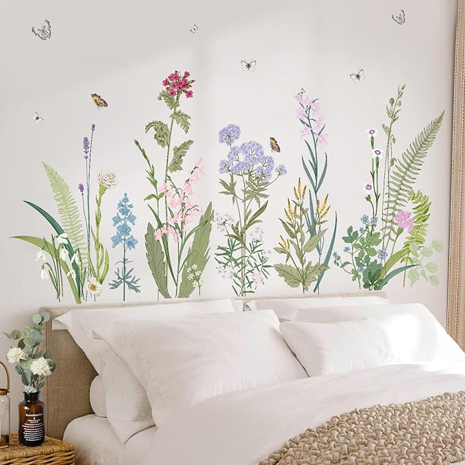 SHUCHING Colorful Wildflower Wall Decals Peel and Stick, Vinyl Olive Green Grass Wall Sticker, Wall Decor Art Home Decor for Living Room Girl Bedroom
