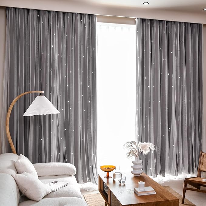 Kinryb Kids Blackout Curtains for Bedroom/Living Room/Classroom, Sheer Overlay 2 Free Tiebacks, Double Layer Curtains with Star Cutout for Kids Room(Each Piece W 70 x L 72 Inches 2 Pcs Chocolate)