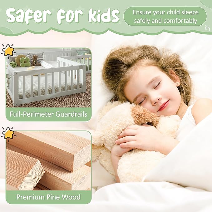 Harper & Bright Designs Twin Size House Shaped Double Floor Bed with Door and Full-Length Guardrails, Solid Wood Kids Montessori Floor Bed for Girls Boys, Multi-Function, White