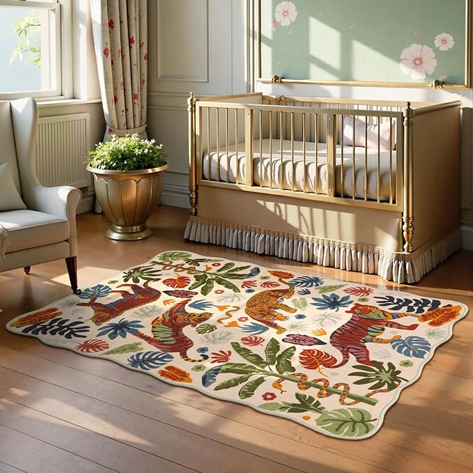LEEVAN 3x5 Bedroom Rug Washable Tiger Kitchen Rugs Non Slip Beige Entryway Mat Scalloped Office Floor Pad Leopard Living Room Rug Low Pile Playroom Carpet Jungle Kids Mat