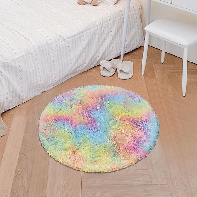 2x2 ft Small Round Rug for Girls Bedroom,Soft Shaggy Kids Rainbow Rugs Kawaii Colorful Carpet Fuzzy for Room Kids Bedroom Girls Dresser Playroom Nursery Storage Cabinet Decor