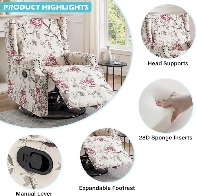 UIXE Swivel Glider Recliner Chair for Adults, High Back Nursery Rocker Floral Upholstered Armchair for Living Room, Manual Reclining Rivet Trim Sofa Lounge with Deep Seat in Fabric - Beige