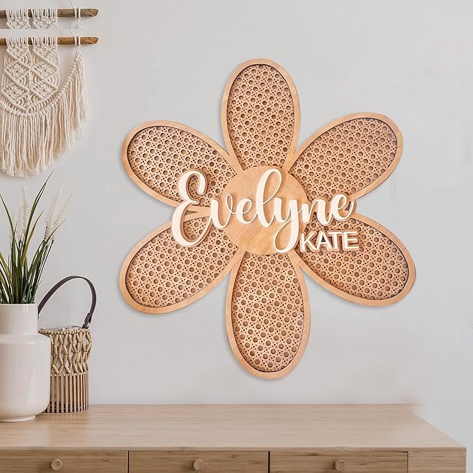 Personalized Boho Wooden Personalized Initial & Name Sign, 3D Layered Letter Rattan Wall Decor for Nursery or Child's Bedroom - Baby Shower, Newborn, Girl or Boy's Birthday Gift