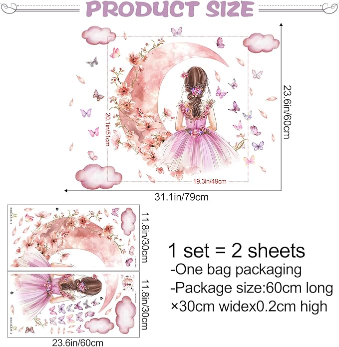 2 Sheets Pink Butterfly Girl Wall Decal - Removable DIY Moon Cloud Wall Decal Vinyl Pink Flower Princess Room Art for Girls Baby Nursery Bedroom Living Room Bathroom Classroom Decoration