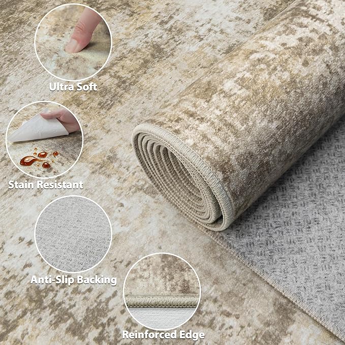 Washable Rug 6x9 Area Rugs: Soft Large Living Room Rug with Anti-Slip Backing Non-Shedding Stain-Resistant Modern Abstract Carpet for Bedroom Dining Room Nursery Home Office Beige Grey
