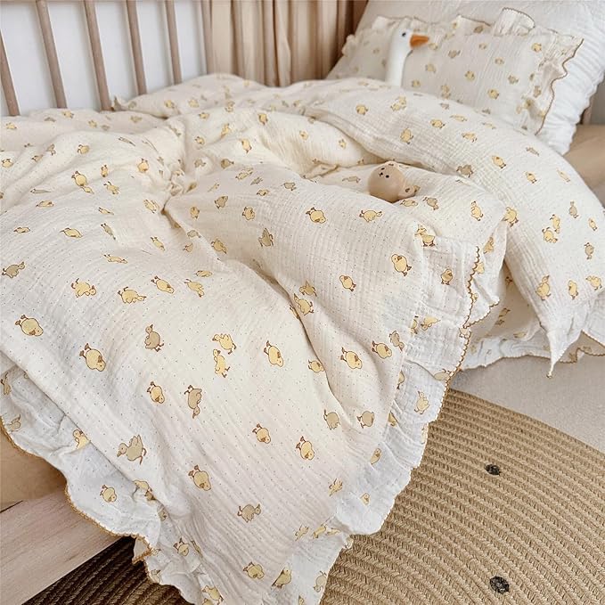 AOJIM Crib Bedding Muslin Duvet Cover with little yellow Duck, 1pc Pure Cotton Baby Kids Comforter Cover 2-layer Gauze, Ruffled Design Duvet Protector for girls boys (47X59''), No Quilt or Pillowcases