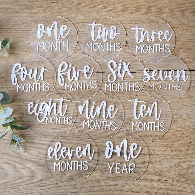 Acrylic Baby Milestone Discs for Photos - 13 PCS Clear Monthly Cards, Photo Prop, Newborn Birth Announcement Sign, Circles Marker