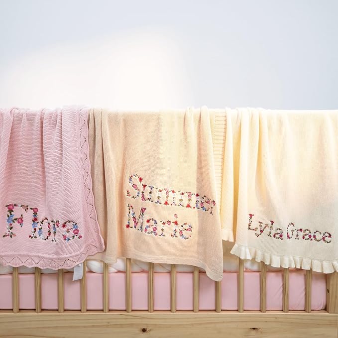 Personalized Floral Embroidered Name Blanket – Soft Cotton Knit Newborn Blanket, Custom Keepsake Gift, Cozy Cover for Girls, Unique Shower Present