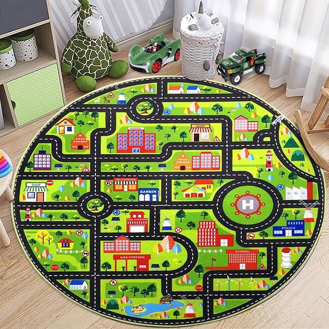 Round Rug 4x4 ft Kids Round Play Carpet City Traffic Road Kids Rug Low Pile Non Slip Fun Carpet for Kids Baby Learning Exercise Mat Educational Car Rug for Toddler Boy Bedroom Playroom Black