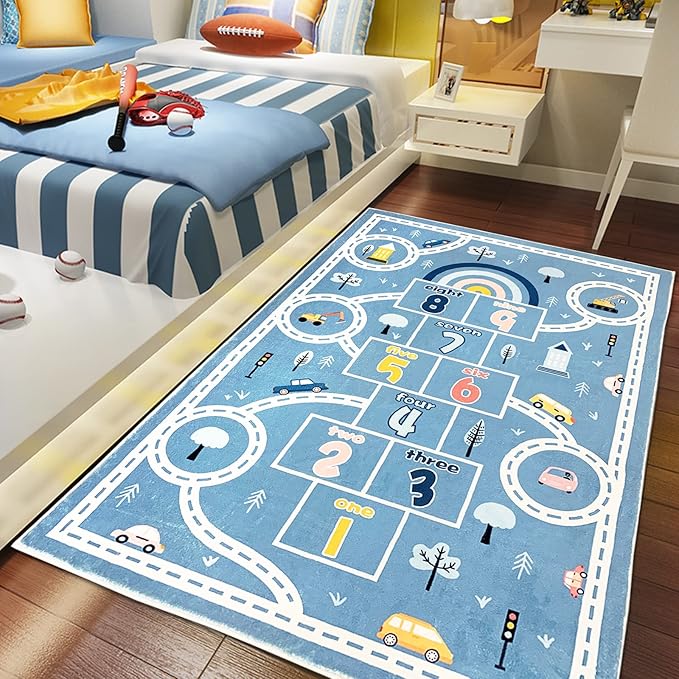 Kids Play Mat 4x6Ft Large Hopscotch Car Rug for Boys Bedroom Playroom Carpet Soft Classroom Educational Learning Area Children Rug, Blue