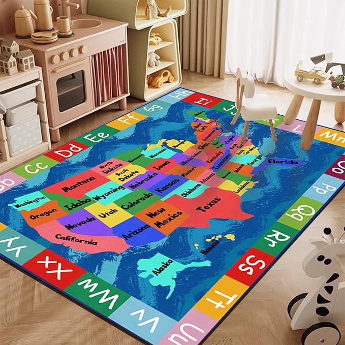 USA Map Preschool Area Rugs, 3x5ft, Children's Education Learning ABC Living Room Rug, Machine Washable Rubber Backed Non Slip Mat，Durable Non-Shedding Printed Carpet for Indoor Floor