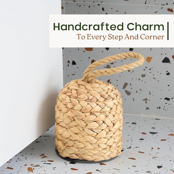 4.4lbs Natural Door Stopper for Bottom of Door Decorative Heavy Duty Door Stop with Handle Wicker Cute Door Stopper for Modern Farmhouse Water Hyacinth Home Decor 4.7"D x 6.3"H (Cylinder)