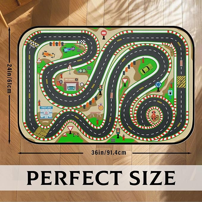 Kids Race Track Play Rug - Car Road Map Realistic 3D Cascading Soft Non-Slip 2x3 Ft Carpet Toys Mat Washable Playroom Bedroom Boys Nursery Educational Area Rug Entrance Mats Classroom Decor