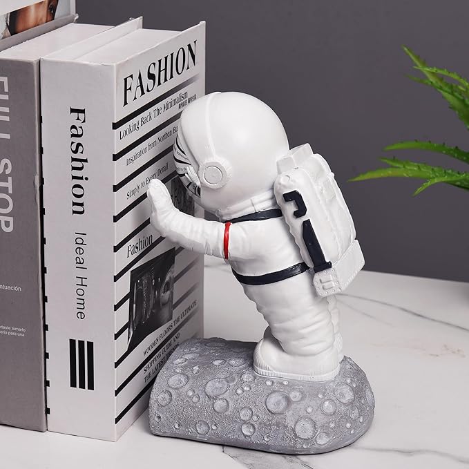 Book End Holder, Astronaut Bookends Outer Space Themed Astronaut Figurine Decorative Book Stoppers to Hold Books Heavy Duty Bookshelf Ends for Kids Rooms Space Decor Bookends (A-Silver Color)