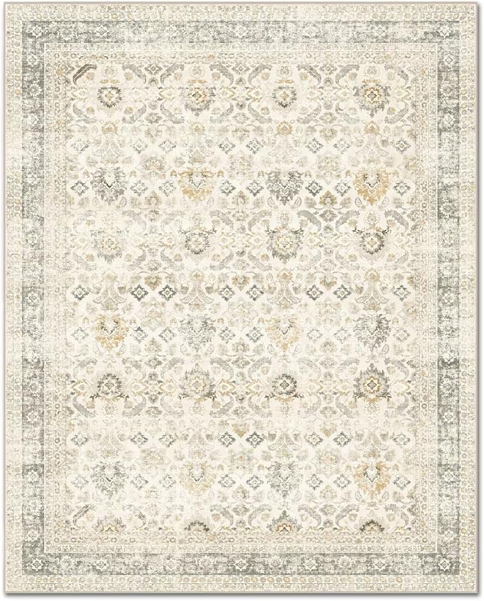Washable 9x12 Area Rugs for Living Room, Boho Non-Slip Vintage Distress Lager Rugs for Bedroom Dining Room Nursery Office, 0.3" Neutral Oriental Throw Thin Carpet, Grey/Beige/Orange/Multi