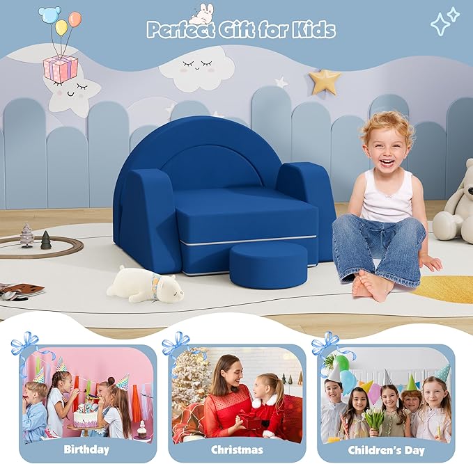 7 PCS Modular Kids Play Block Couch Child Sectional Sofa Toddler Building Fortplay Bedroom Playroom Baby Convertible Floor Foam Cushion for Boys & Girls (Blue-Single)