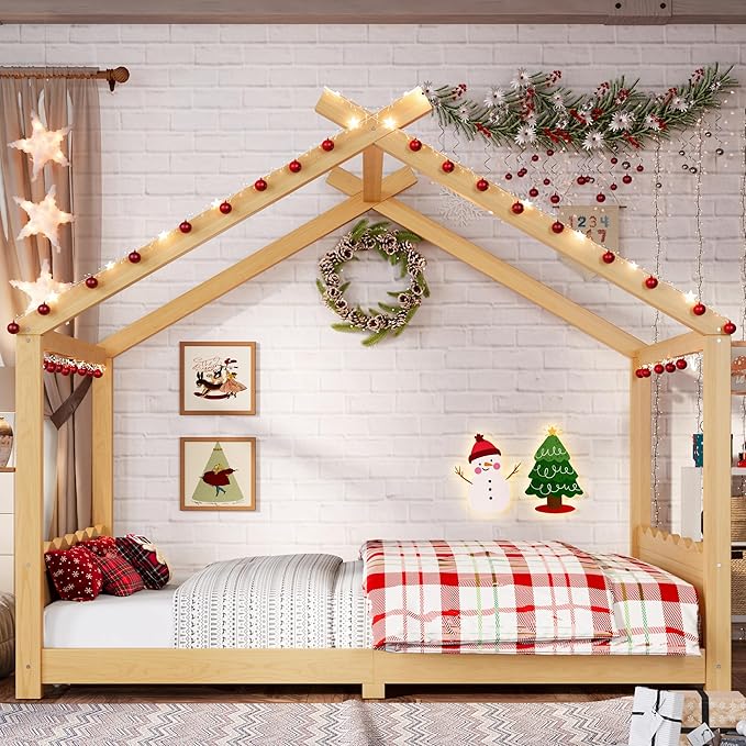 Full Size Wooden House Floor Bed - Kids Bed Frame with Roof & Support Slats for Bedroom, No Box Spring Needed, Easy Assembly (Natural)