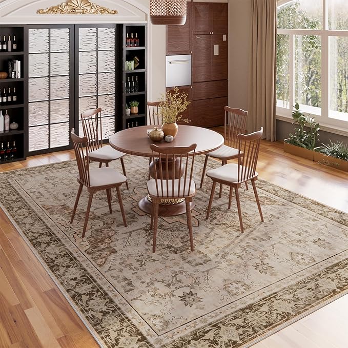 AMTOVO Area Rugs 5'x7' Washable Non-Slip, Vintage Boho Distressed Print Pattern Rugs for Living Room, Soft Low Pile Carpet for Bedroom Indoor Playroom Nursery Farmhouse Dining Room, Light Brown