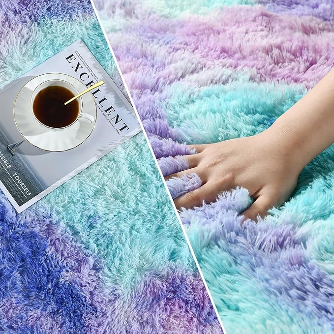 Large Shag Area Rugs 5 x 8, Tie-Dyed Plush Fuzzy Rugs for Living Room, Ultra Soft Fluffy Furry Rug for Bedroom, Indoor Carpet Nursery Rugs for Kids Room Home Decor, Rainbow