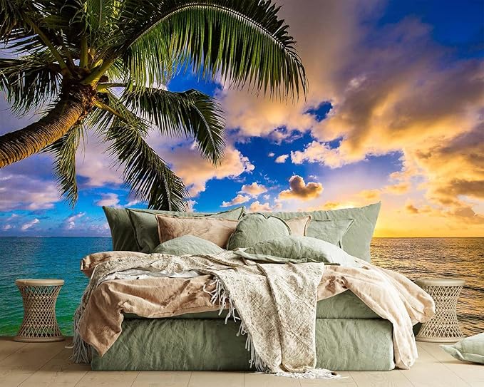 Sunset Beach Wallpaper Hawaiian Seascape Palm Tree Wall Mural for Bedroom Living Room (Not Self-Adhesive)