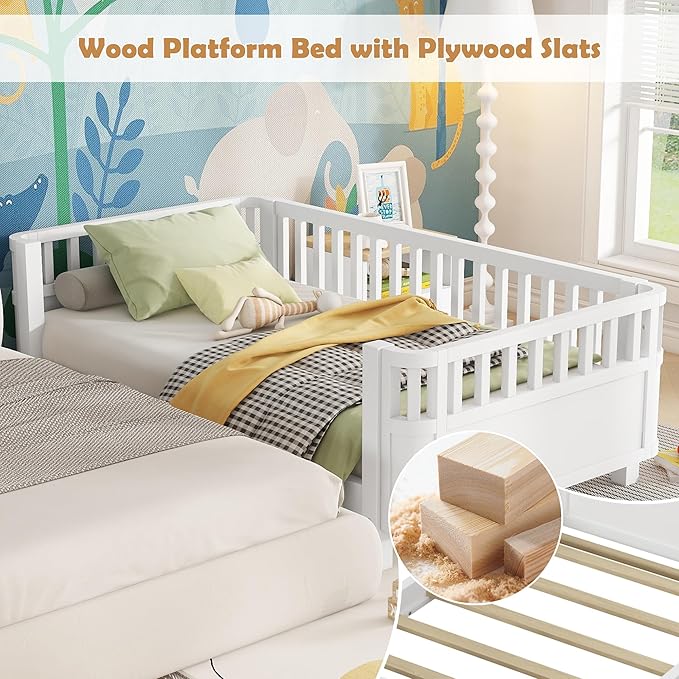 Twin Size Kids Bed Montessori Daybed with Safety Rails and Headboard, Low Profile Wood Platform Twin Bed Frame with Slats for Kids Boys Girls Bedroom, No Spring Box Required, Twin White